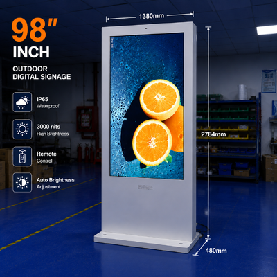ซื้อ จอแสดงผลป้ายดิจิทัลกันน้ำกลางแจ้งขนาด 98 นิ้ว | คีออสก์ LCD ความสว่างสูง 3000 nits การผลิตออนไลน์